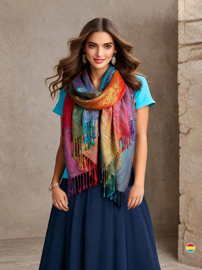 Elegant Peacock Jacquard Scarf – Gradient & Tassel Design