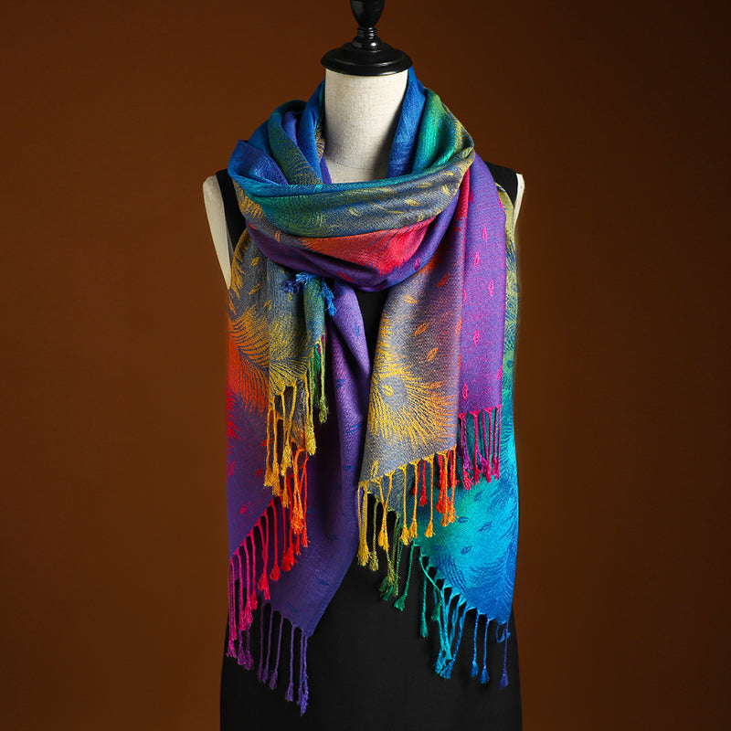 Elegant Peacock Jacquard Scarf – Gradient & Tassel Design
