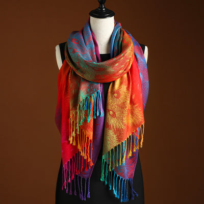 Elegant Peacock Jacquard Scarf – Gradient & Tassel Design
