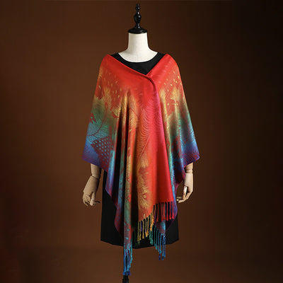 Elegant Peacock Jacquard Scarf – Gradient & Tassel Design