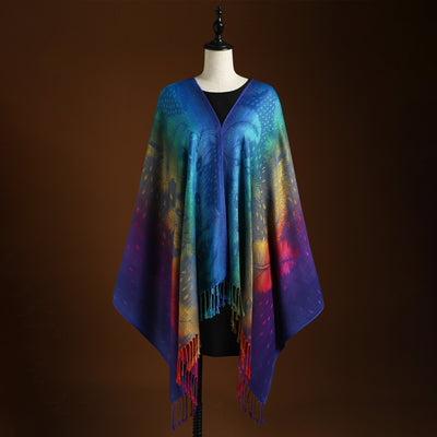 Elegant Peacock Jacquard Scarf – Gradient & Tassel Design