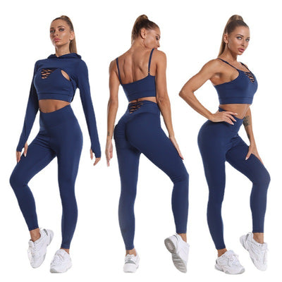 3pcs Seamless Sports Set: Hoodie, Camisole & High-Waist Leggings
