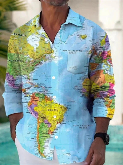 Men's Retro Earth Map Print Shirt