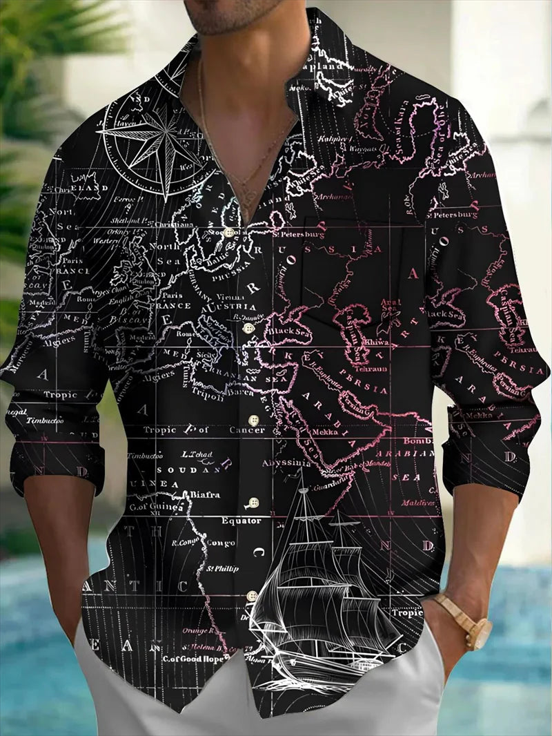 Men's Retro Earth Map Print Shirt