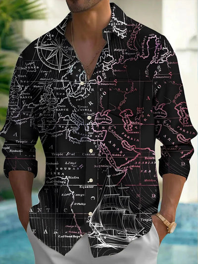 Men's Retro Earth Map Print Shirt