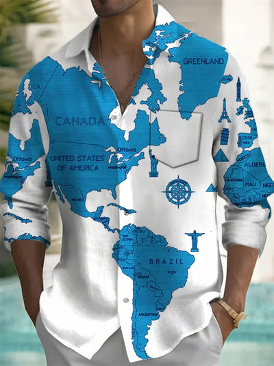 Men's Retro Earth Map Print Shirt
