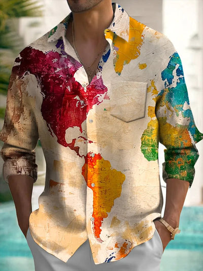 Men's Retro Earth Map Print Shirt