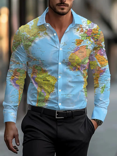 Men's Retro Earth Map Print Shirt