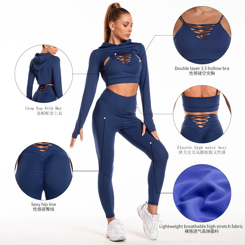 3pcs Seamless Sports Set: Hoodie, Camisole & High-Waist Leggings